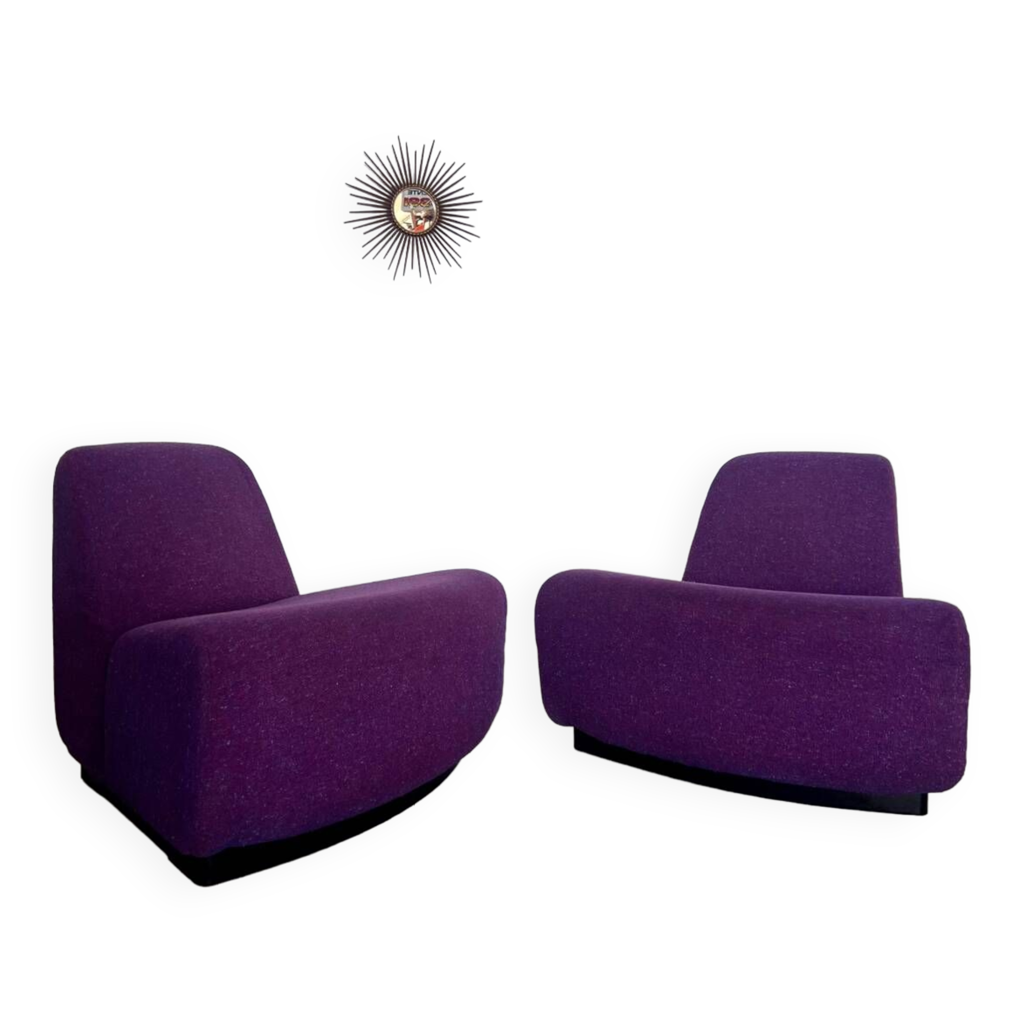 Lot 2 low chairs Space Age design from the 70s purple fabric vintage armchair