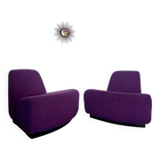 Lot 2 low chairs Space Age design from the 70s purple fabric vintage armchair