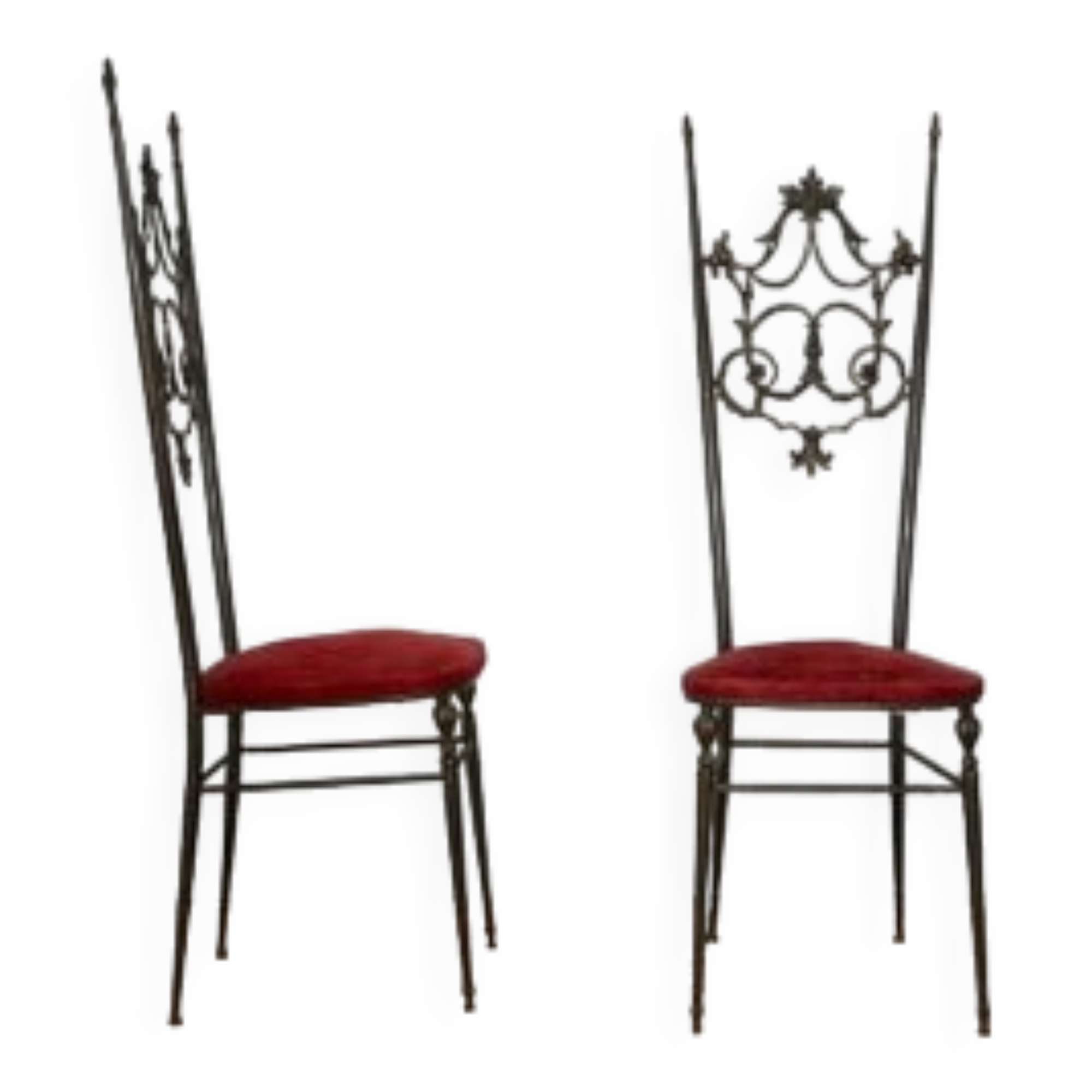 Hollywood regency style brass & velvet chiavarine side chairs, set of 2