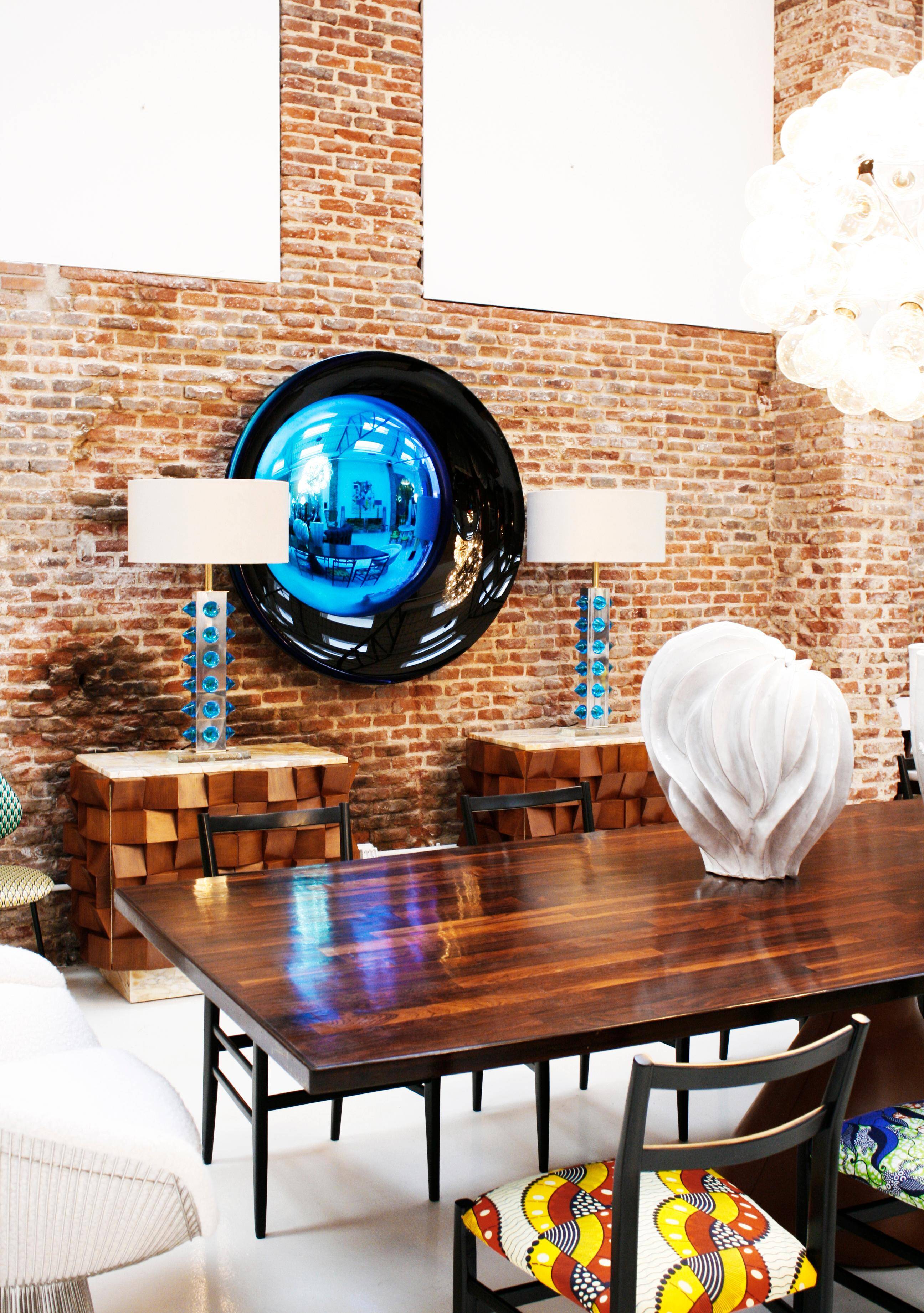 Modern Sculptural Concave Black and Blue Handmade Glass French Mirror