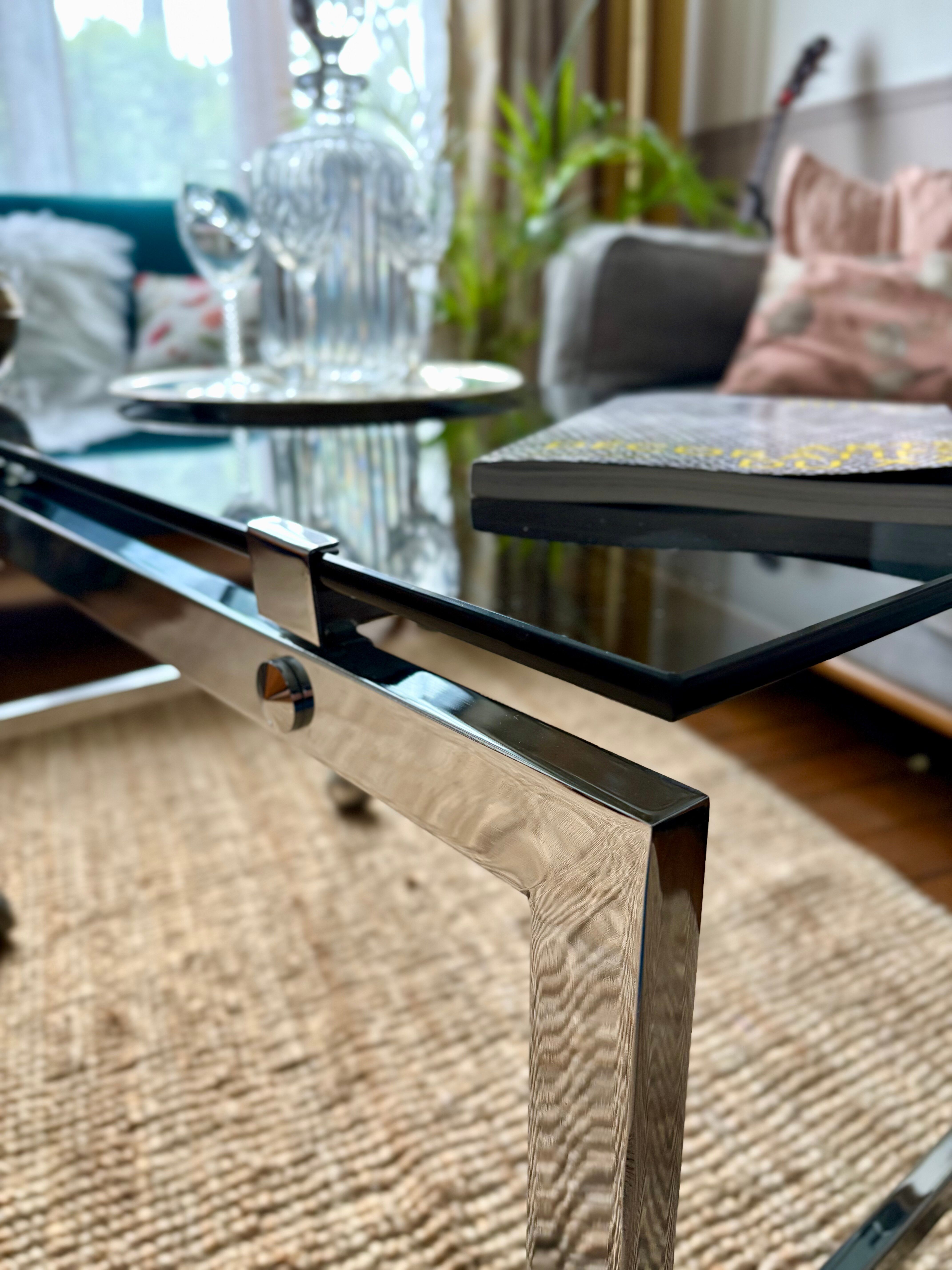 Chrome and smoked glass coffee table on wheels 1970