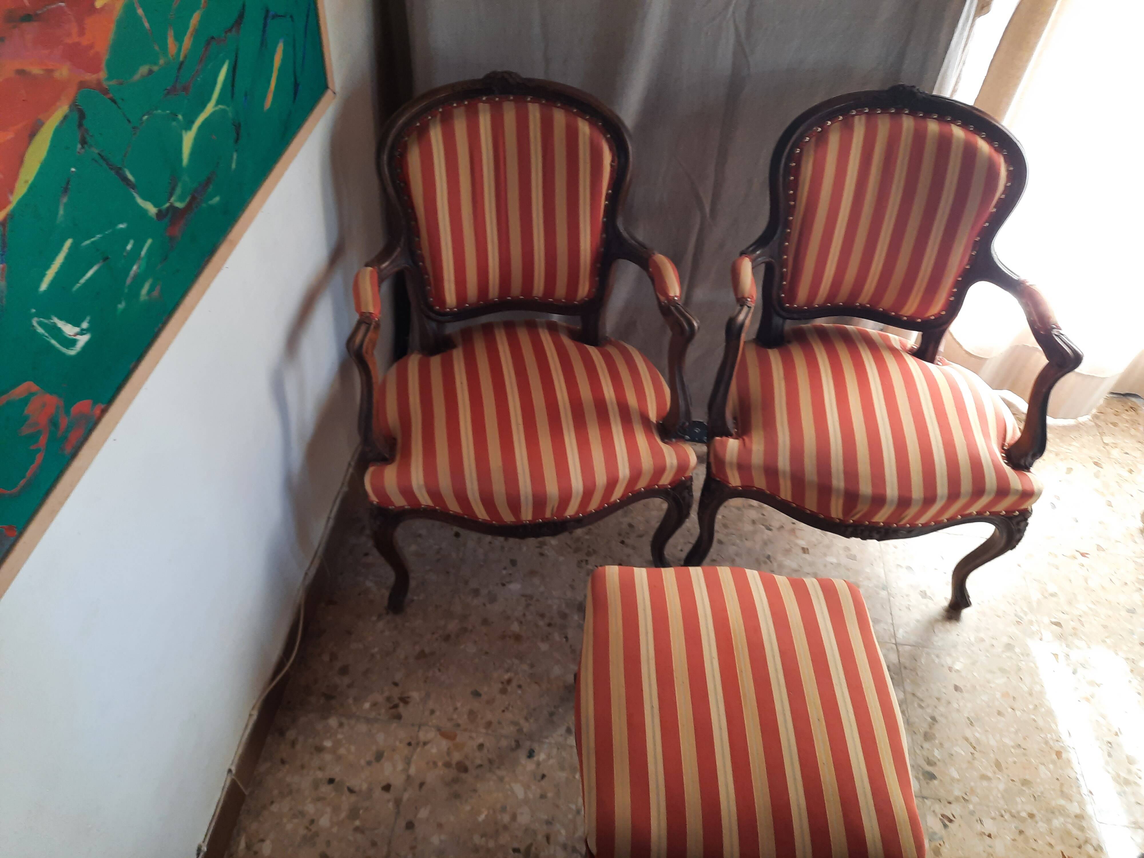Pair of armchairs + stool in antique Louis XV style