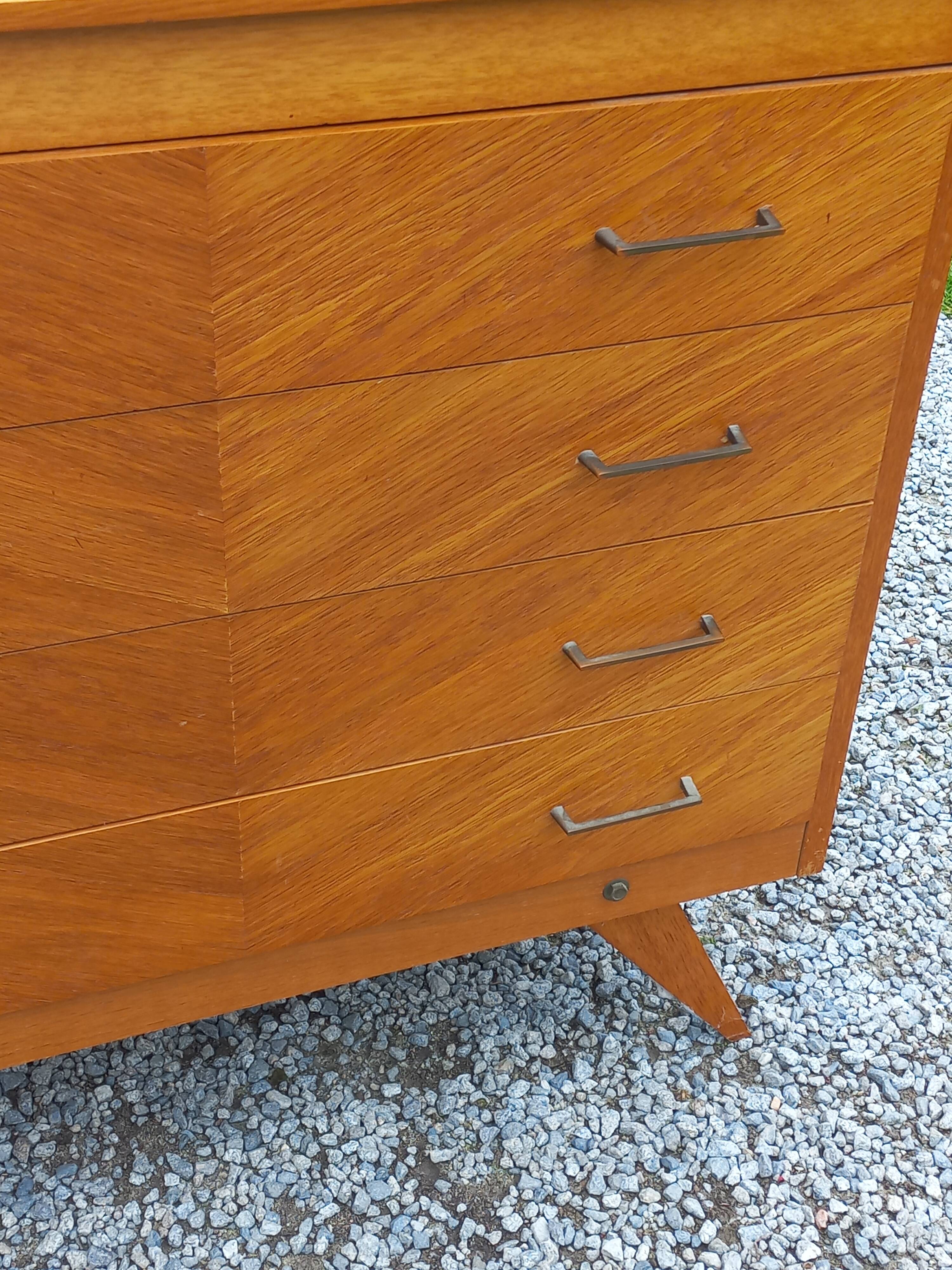 Vintage chest of drawers in blond and golden oak, compass legs and 4 drawers, 1950s