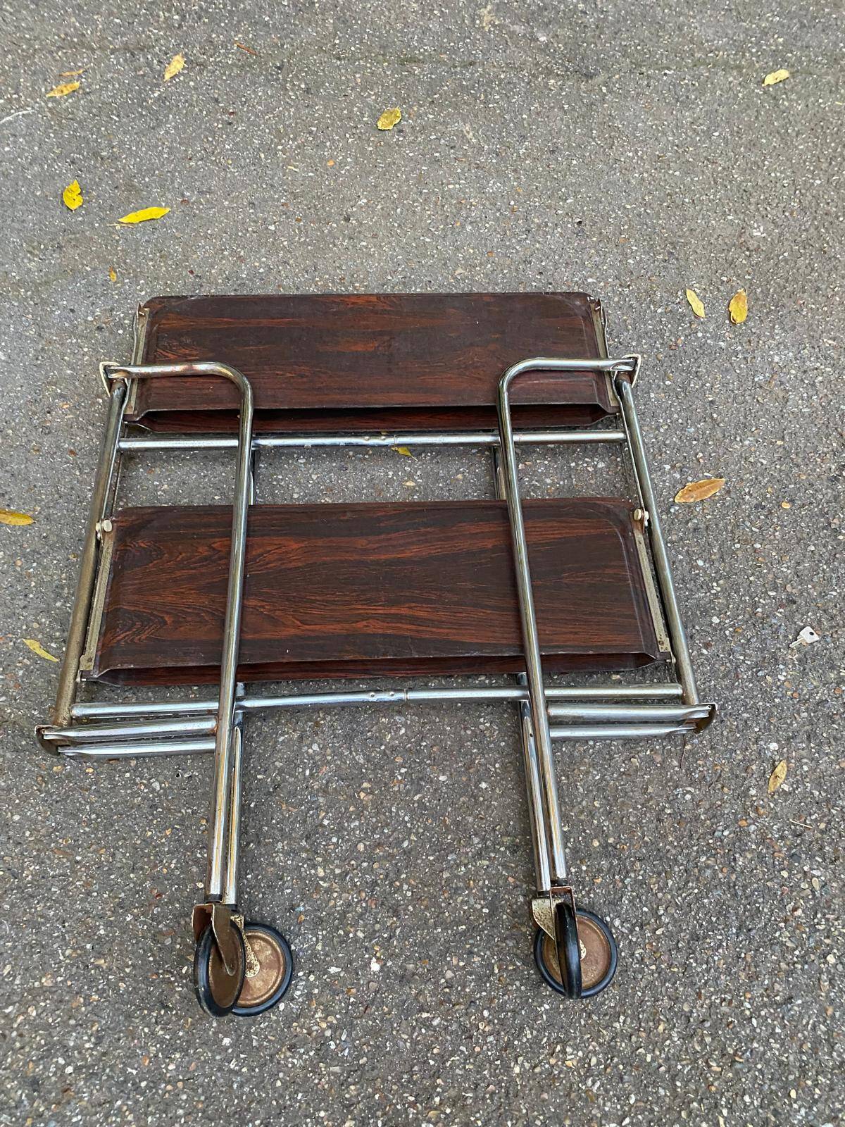 Folding serving cart in steel and mahogany wood on wheels, 70cm