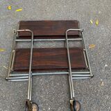 Folding serving cart in steel and mahogany wood on wheels, 70cm
