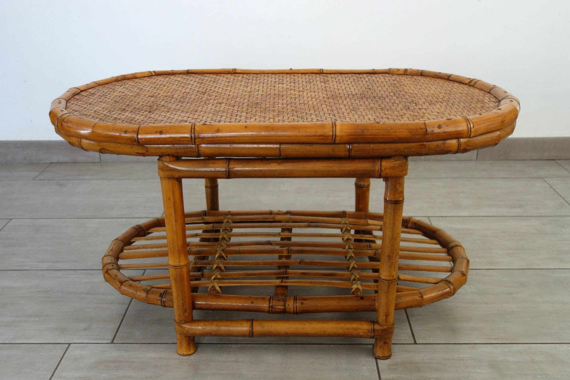Vintage bamboo and woven wicker coffee table