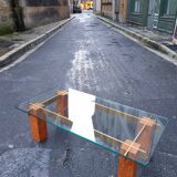 Low table in elm and brass magnifying glass