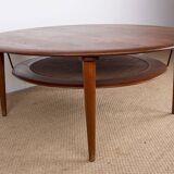 Danish round coffee table in teak, brass and cane, model FD 515 by Peter Hvidt 1960.