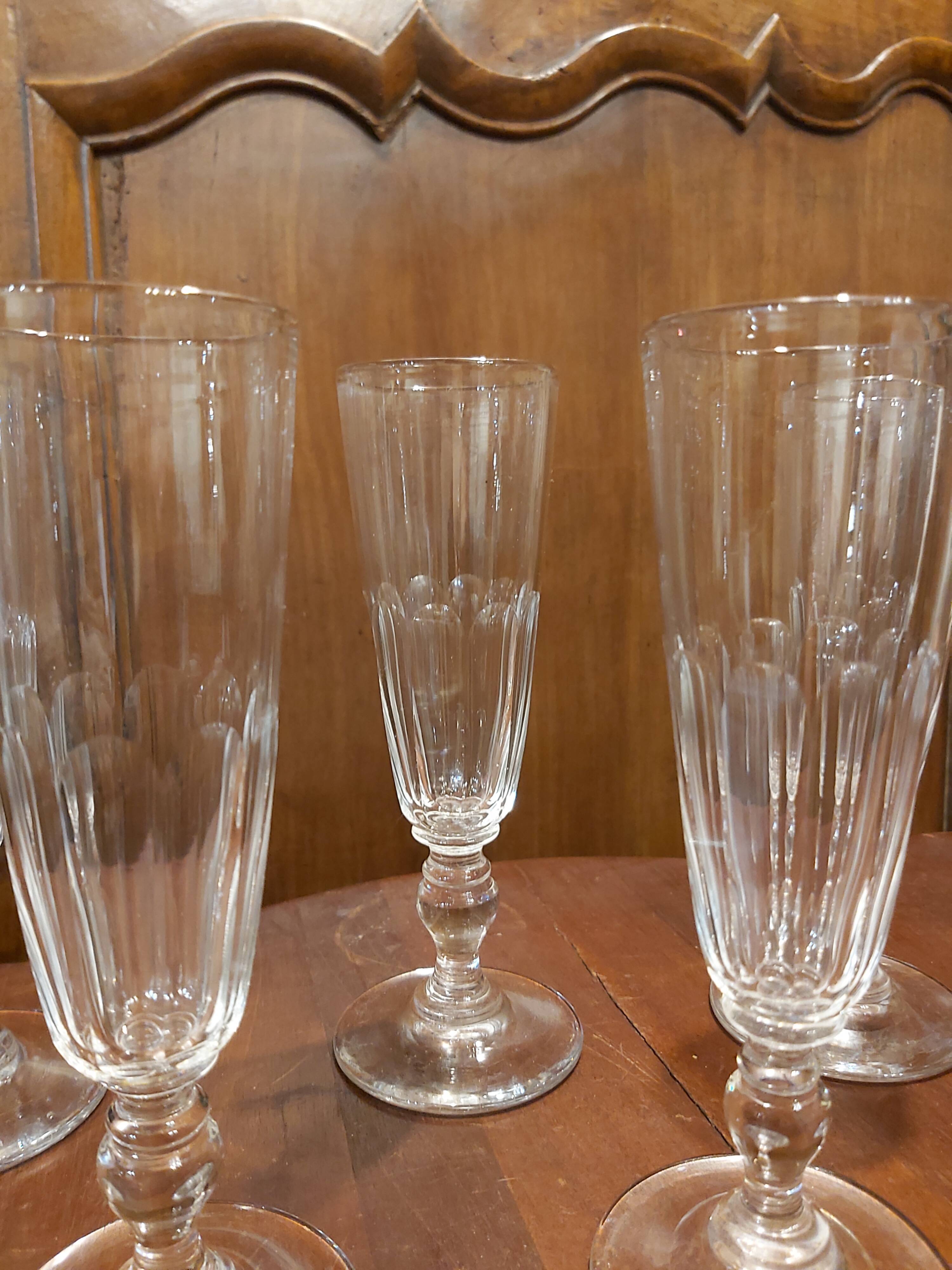 5 crystal Champagne flutes XIX th
