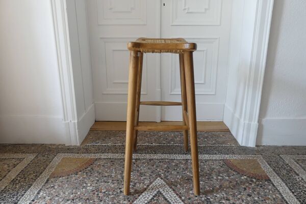 Tabouret de bar en teck et raphia
