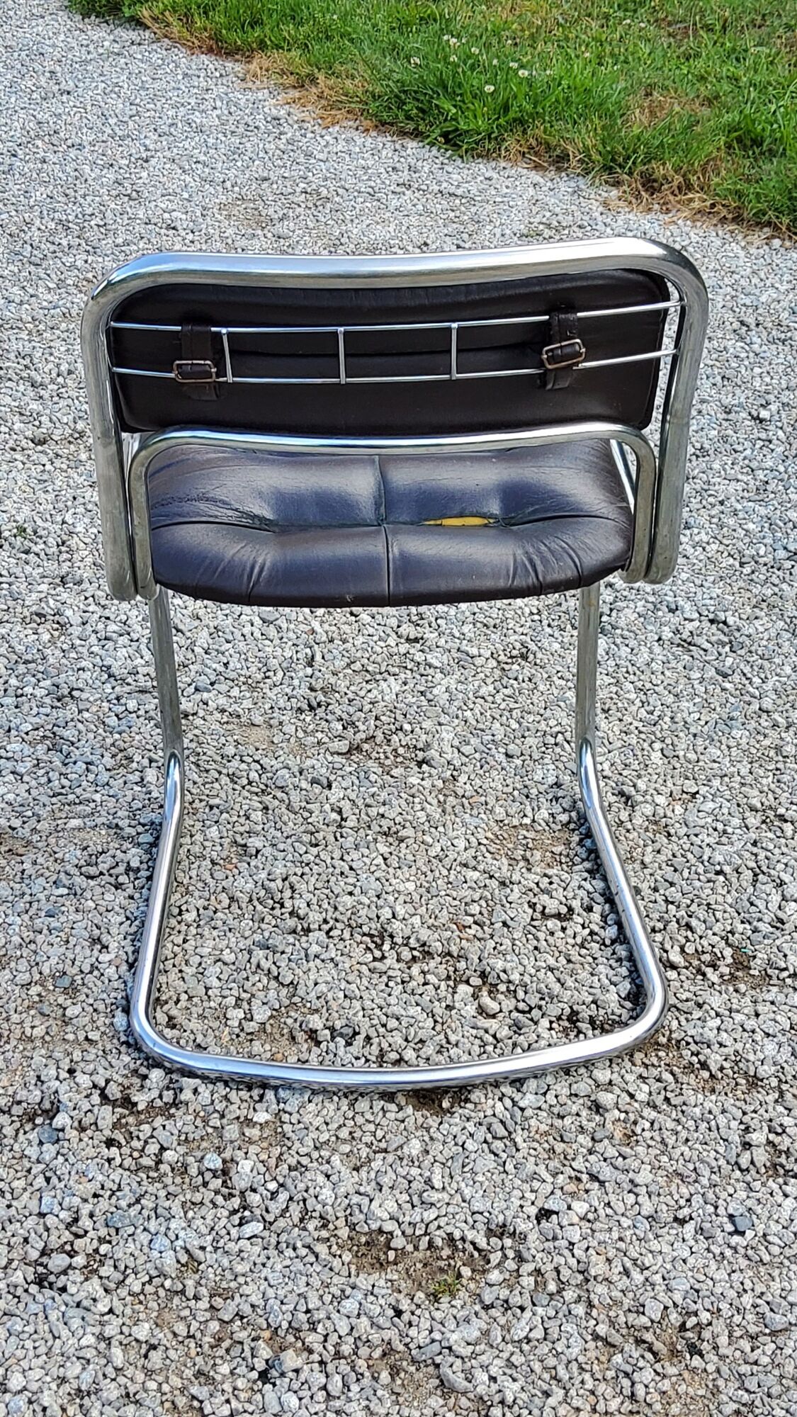Chair from the 70s in chromed metal and brown moleskine