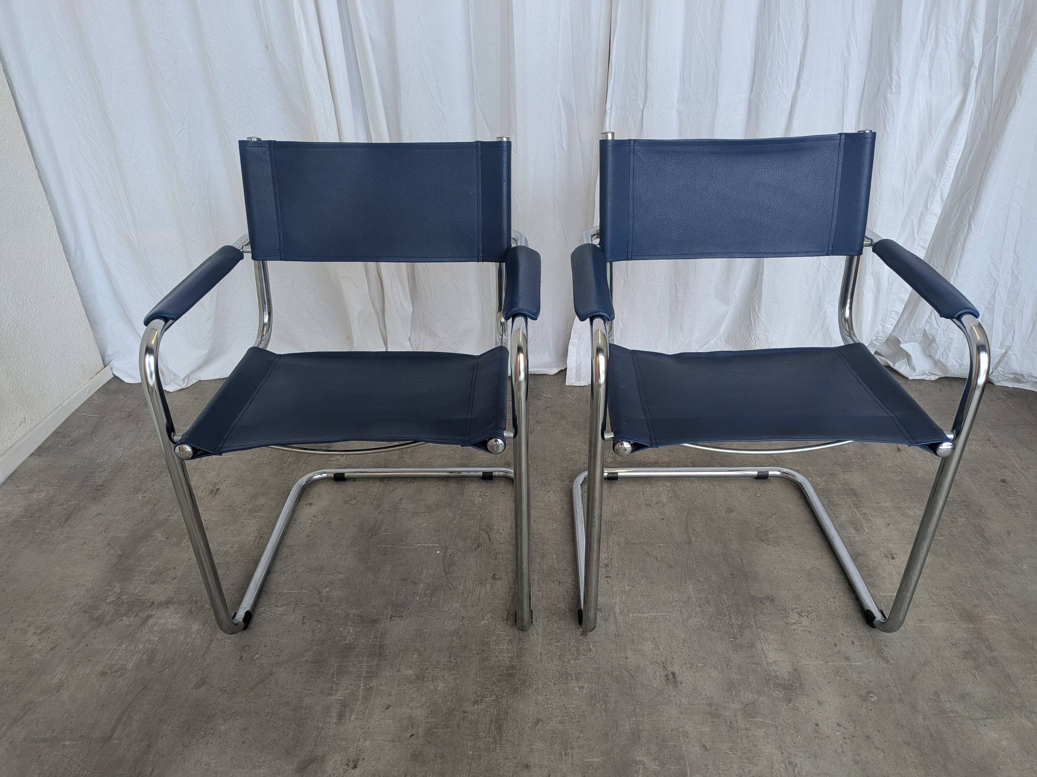 Set of 2 Vintage Mart Stam Style S34 Chair: Blue Leather, Bauhaus Design