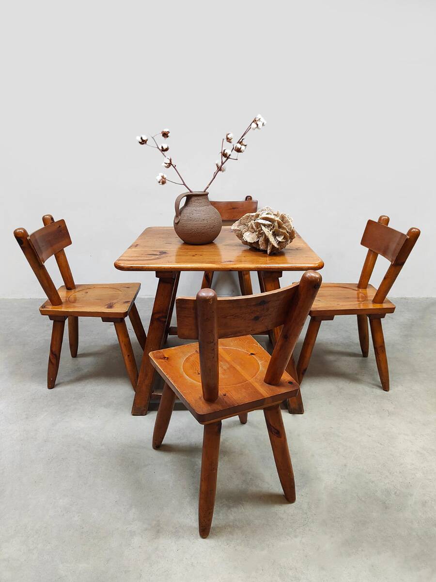 Vintage brutalist wooden dining set chairs & table 1970