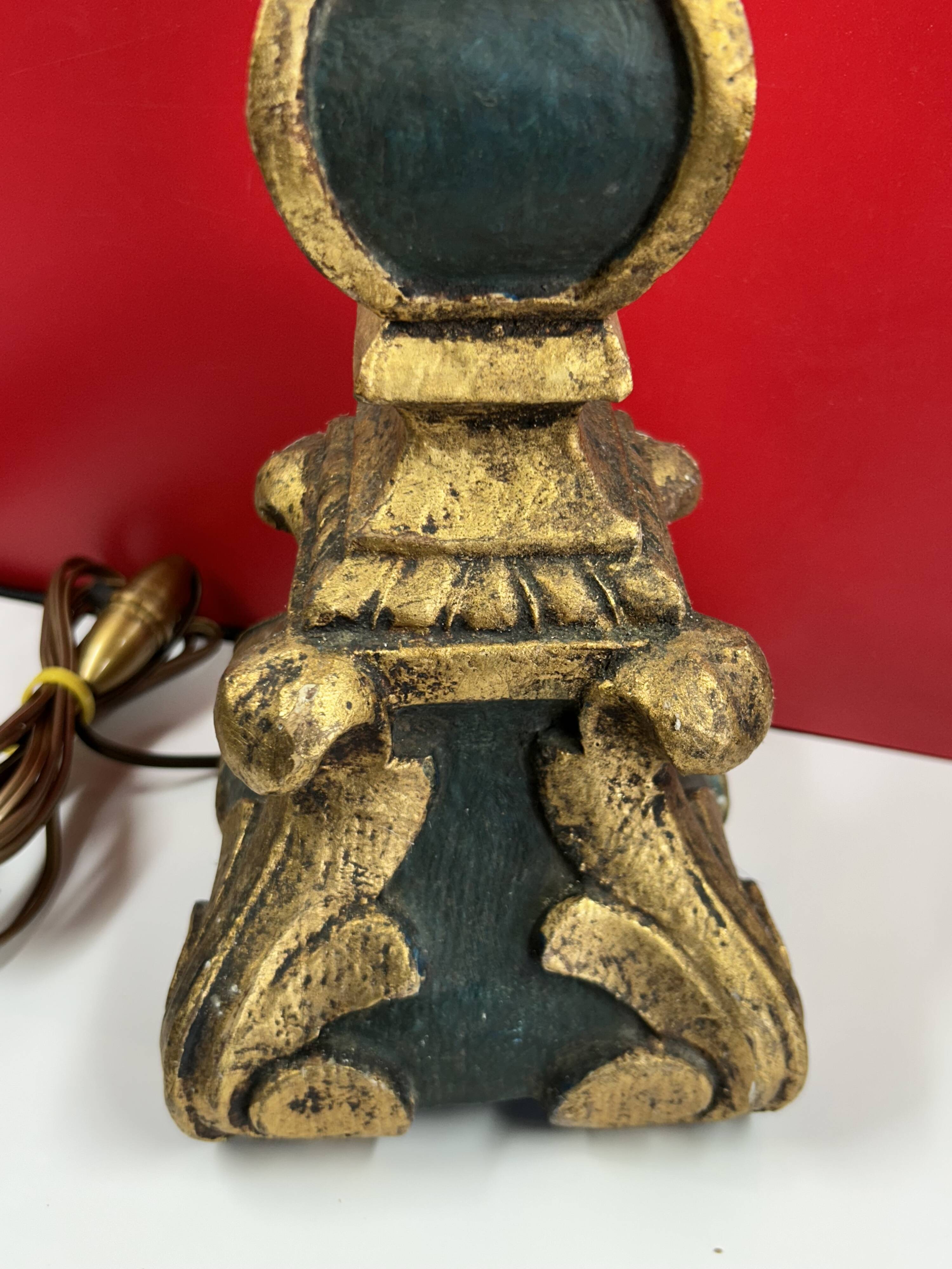 Large antique green and gold wooden lamp base, 66 cm high from the socket.