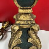 Large antique green and gold wooden lamp base, 66 cm high from the socket.