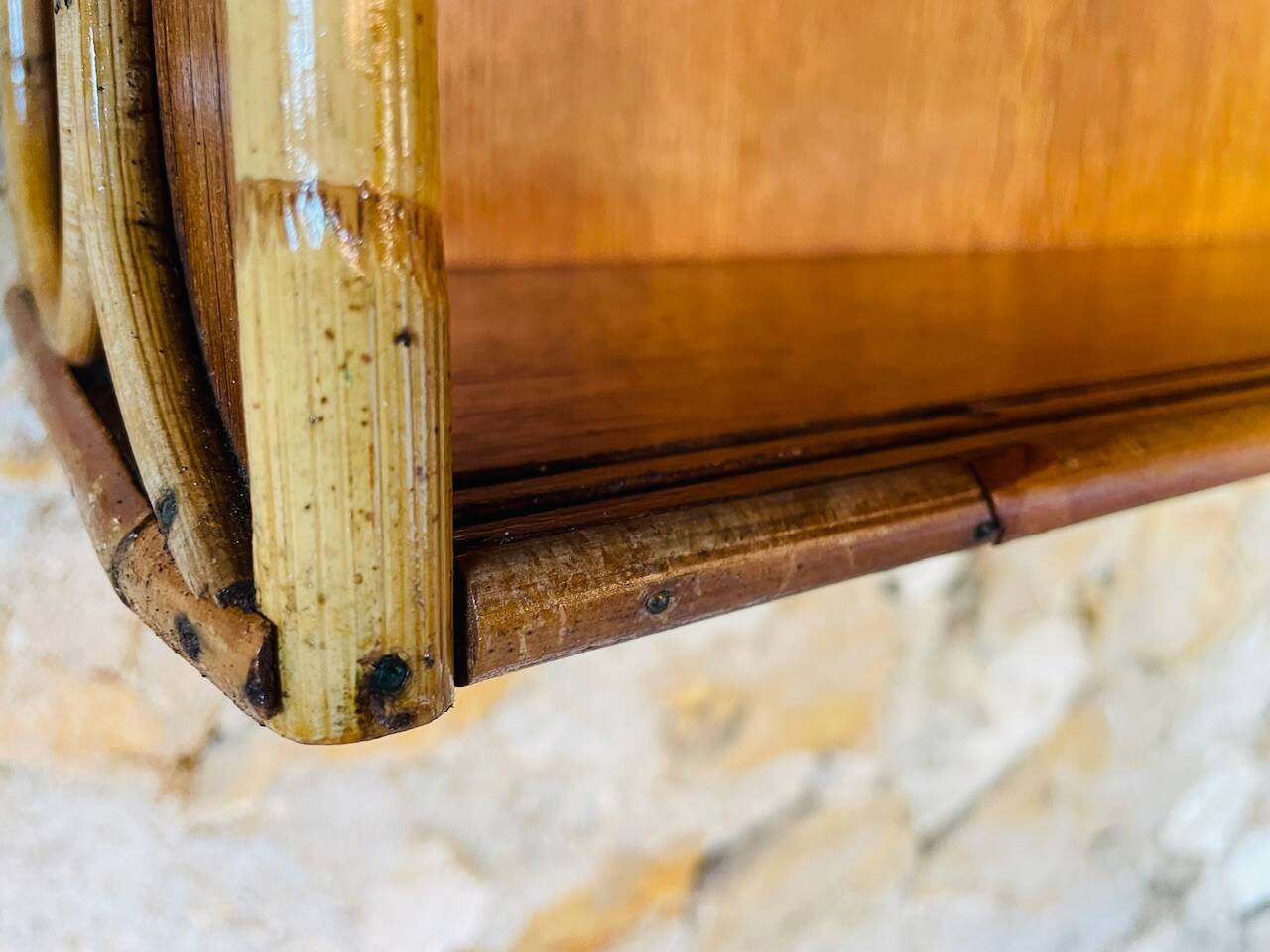 Vintage rattan and bamboo wall shelf with glass door cabinet, 1960s