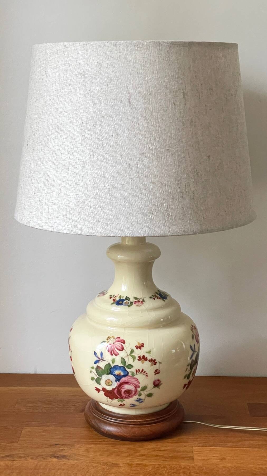 Vintage Ceramic Lamp with Wooden Base