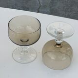 6 champagne glasses in brown and transparent glass vintage 1970