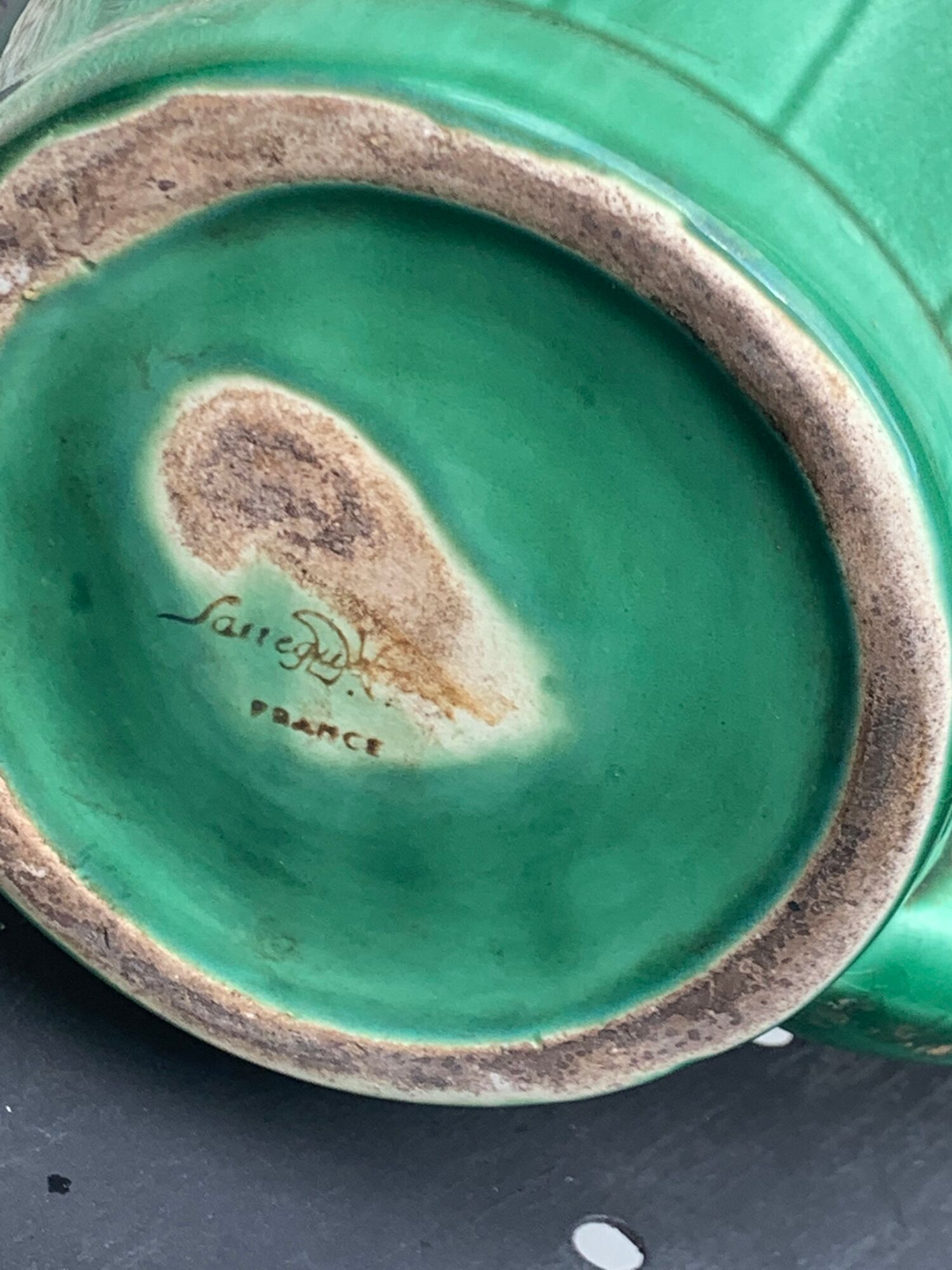 Green enamelled ceramic slurry jug Sarreguemines France