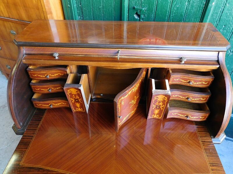 Secretaire commode a cylindre en bois verni