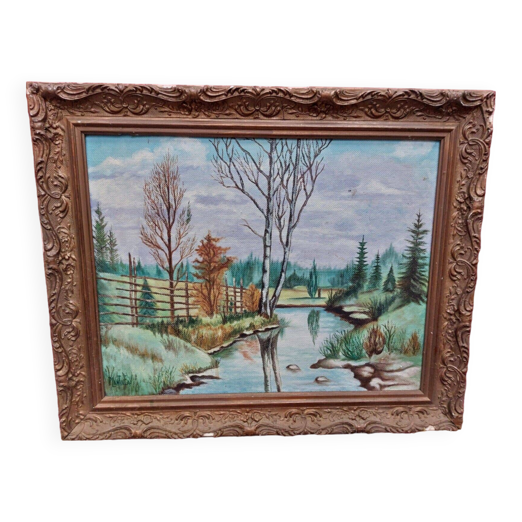 Oil on mounted panel lake landscape
