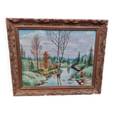 Oil on mounted panel lake landscape