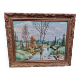 Oil on mounted panel lake landscape