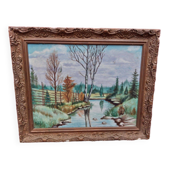 Oil on mounted panel lake landscape