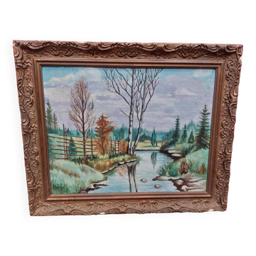 Huile sur panneau marouflé paysage lacustre