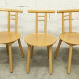 Set of 3 minimalist chairs in light wood, 1980s Italy