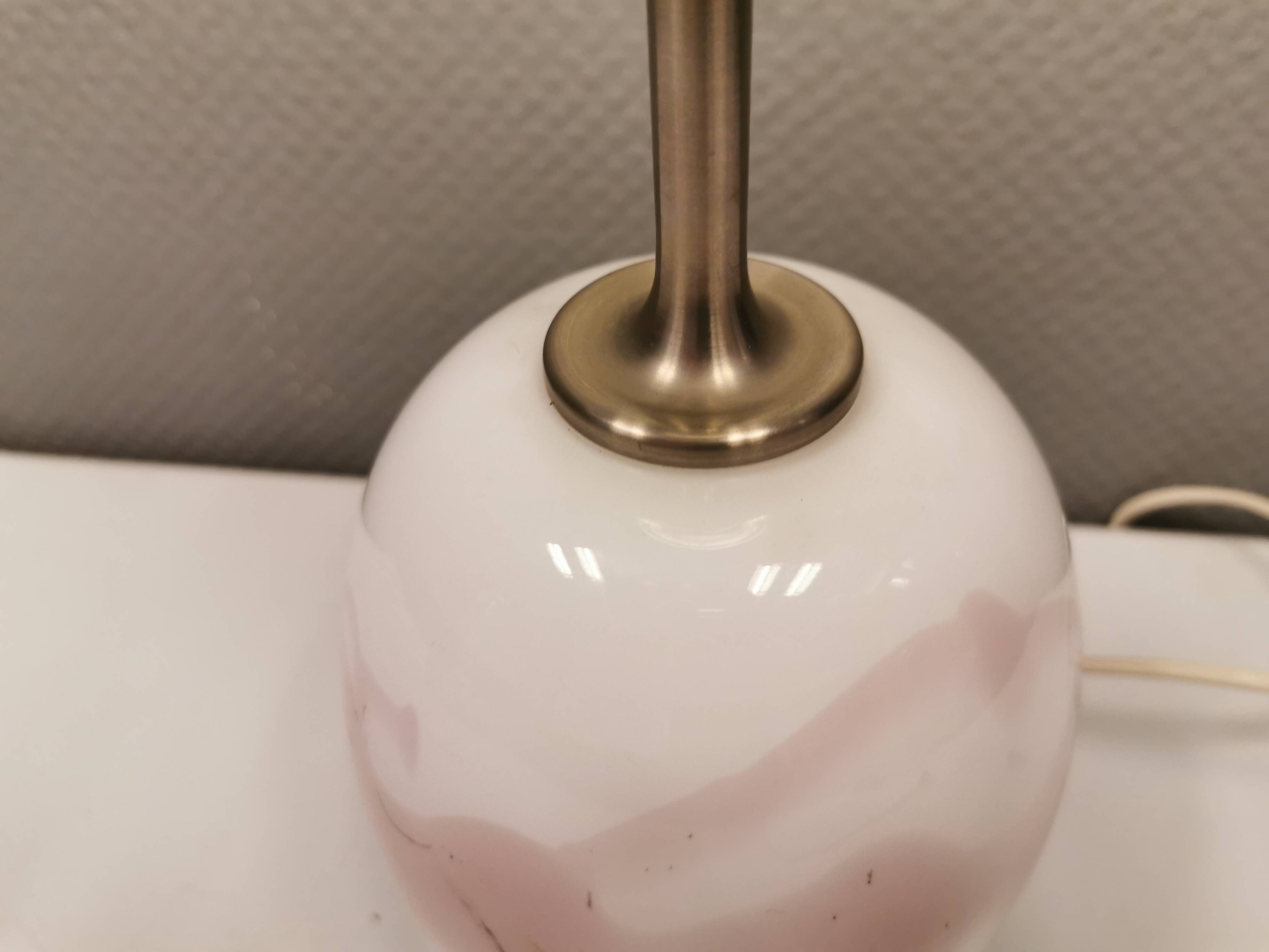 Table lamp in white and rose coloured glass designed by Michael Bang and manufactured by Holmegaard.