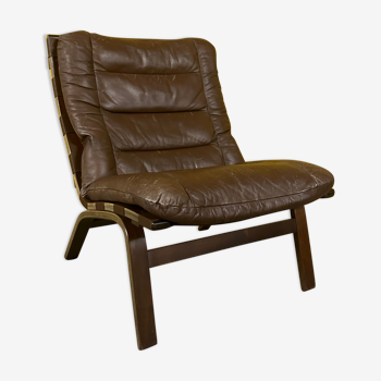 Danish vintage brown leather lounge chair 1970s