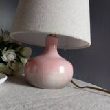 Signed speckled pink ceramic bedside lamp, linen lampshade
