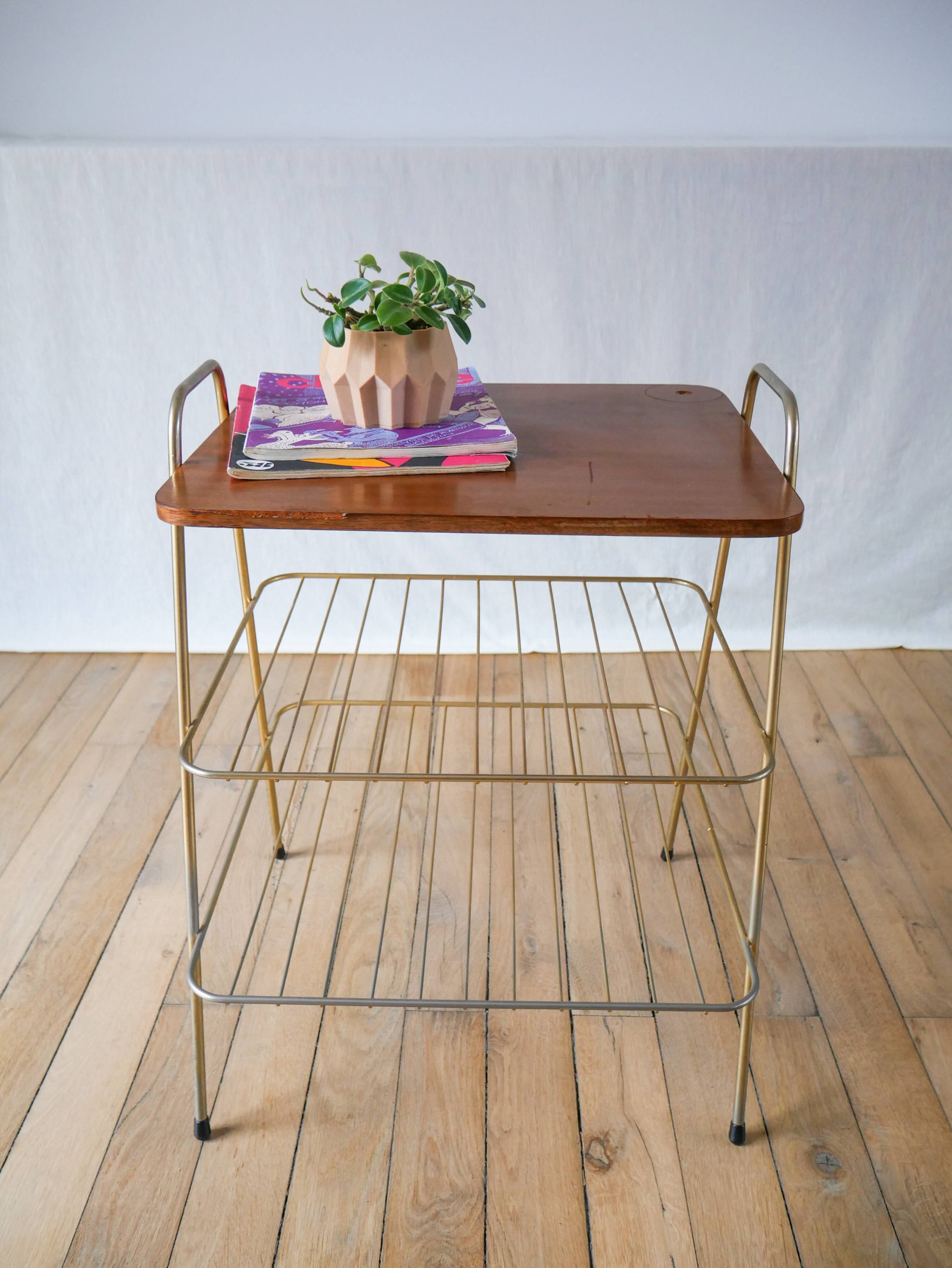 Vinyl trolley in teak and gold metal 1960
