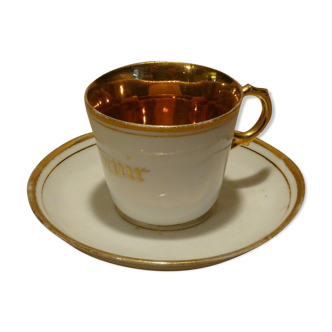 Old white and gold porcelain mocha cup marked souvenir