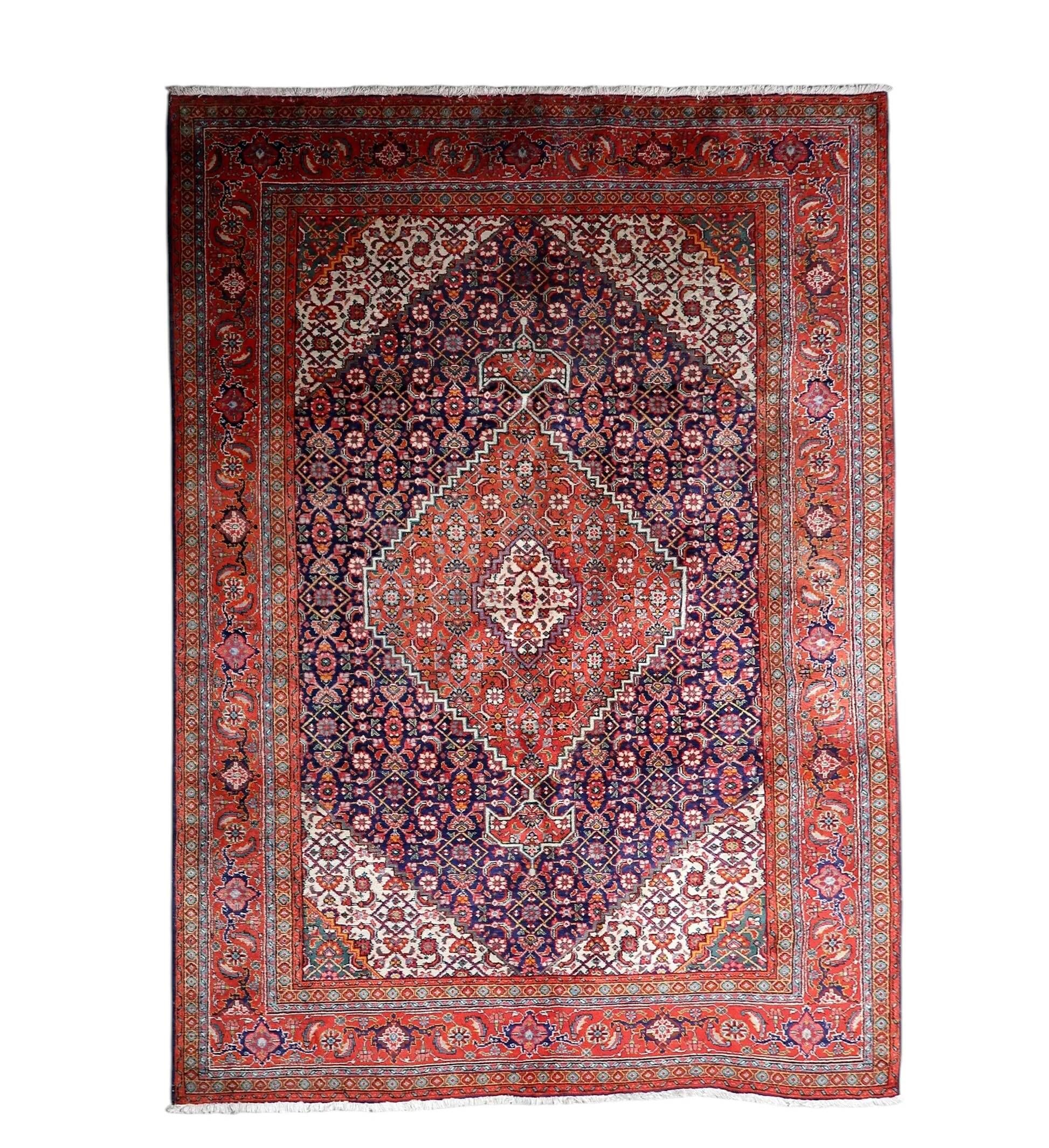 1940s vintage wool medallion rug, red and navy, 206 × 320 cm