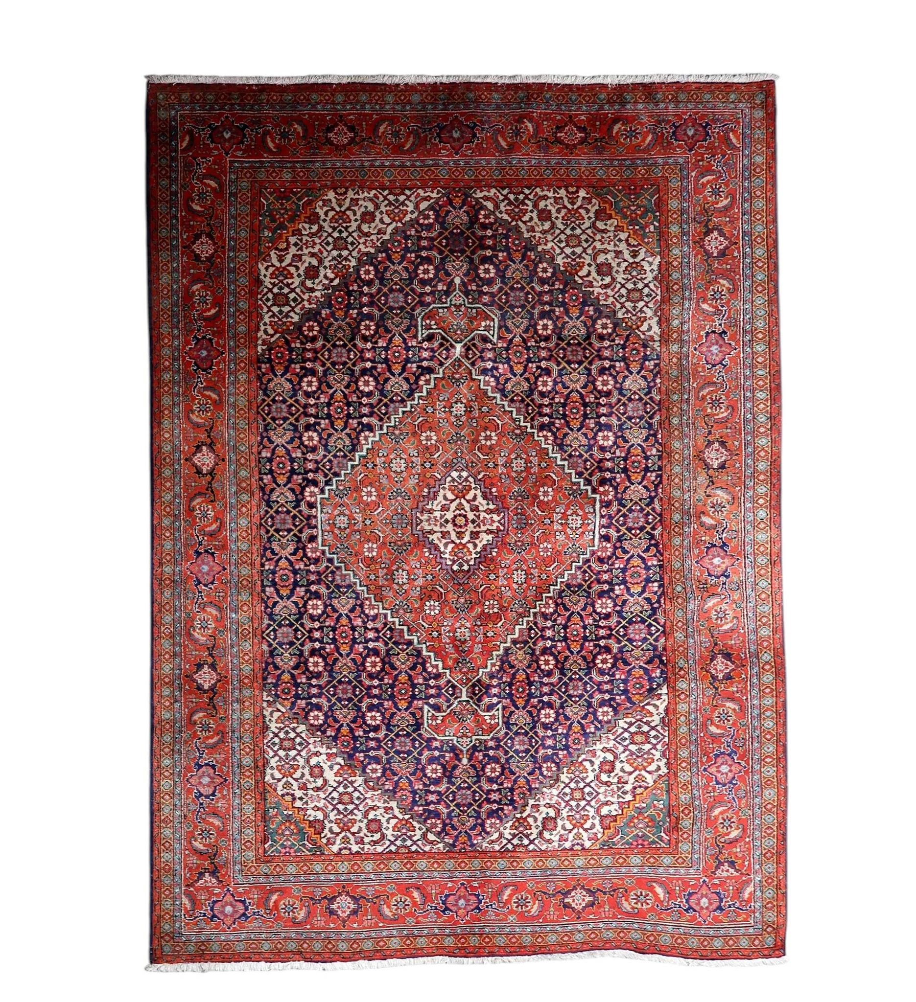 Tapis médaillon en laine vintage des années 1940, rouge et marine, 206 × 320 cm
