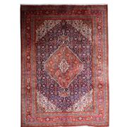 Tapis médaillon en laine vintage des années 1940, rouge et marine, 206 × 320 cm