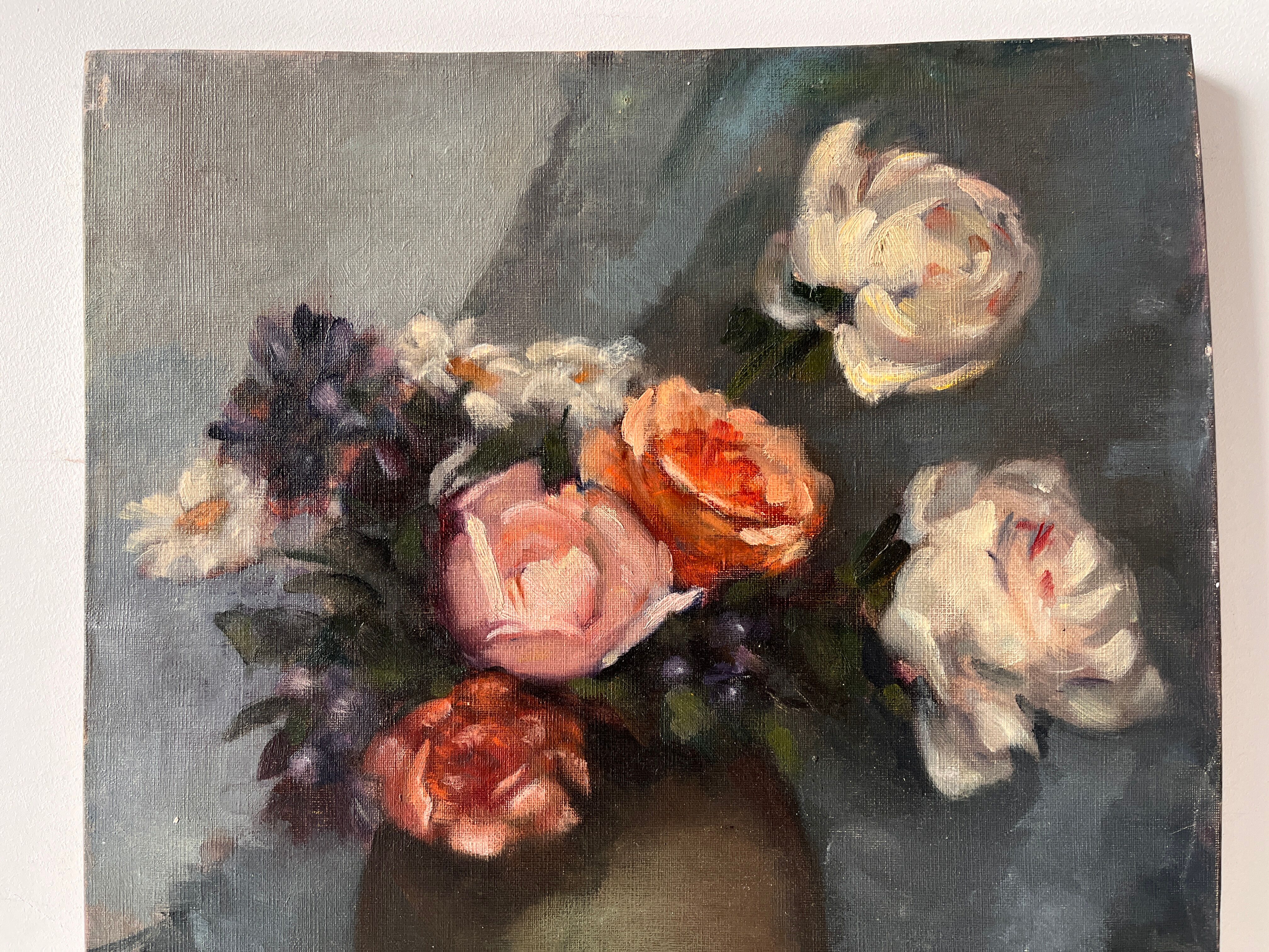 Nature morte à l'huile sur toile "le bouquet de roses" 1930, tableau ancien