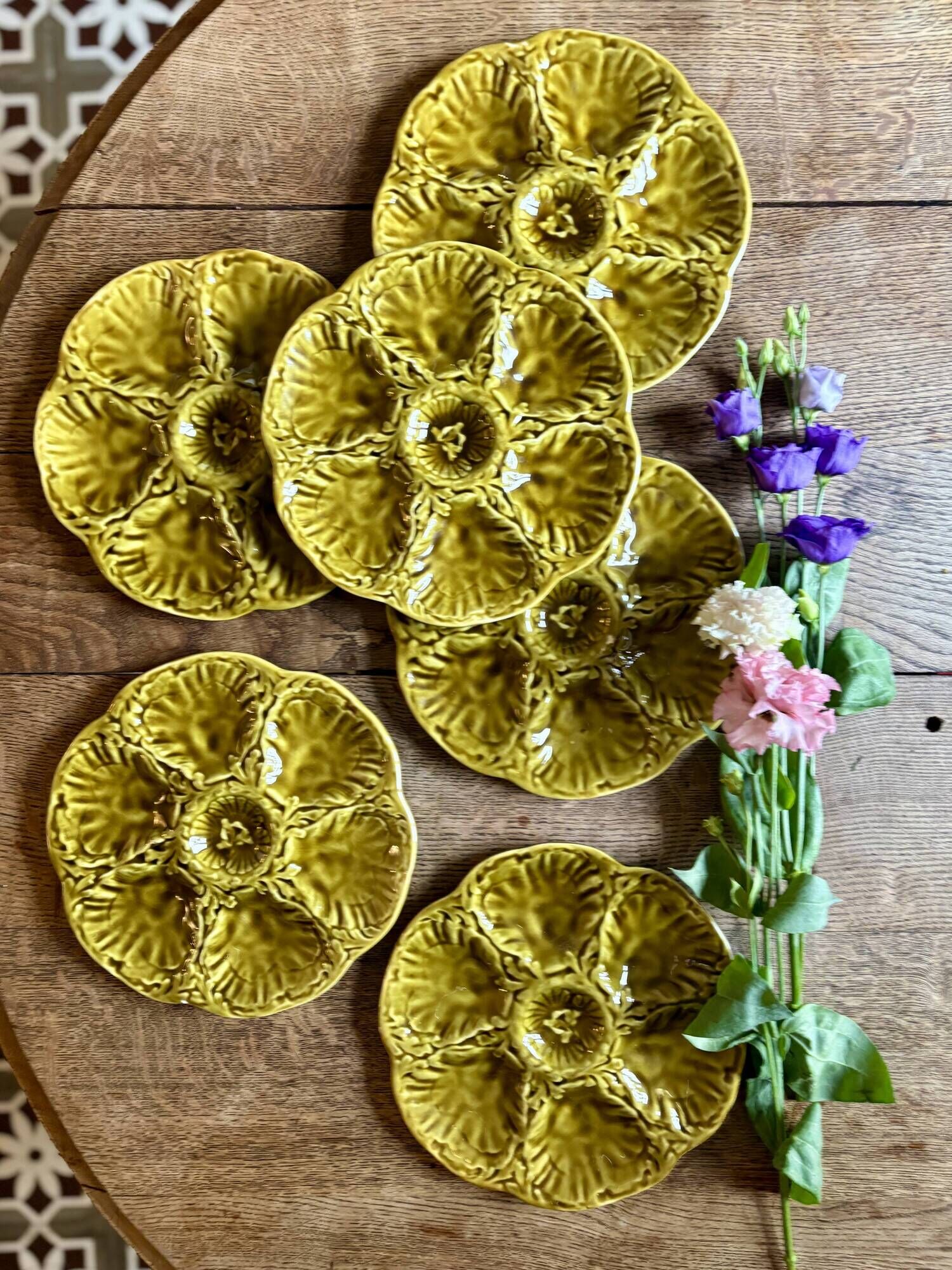 Set of 6 vintage green ceramic oyster plates - Gien