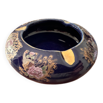 Cobalt Blue Enameled Ashtray, Golden Peacock and Floral Decor - Vintage Italy