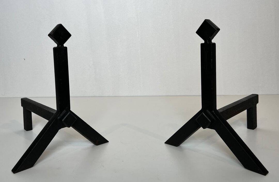 Pair of Modernist Black Iron Andirons with Diamond Finials and Angled Bases