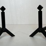 Pair of Modernist Black Iron Andirons with Diamond Finials and Angled Bases