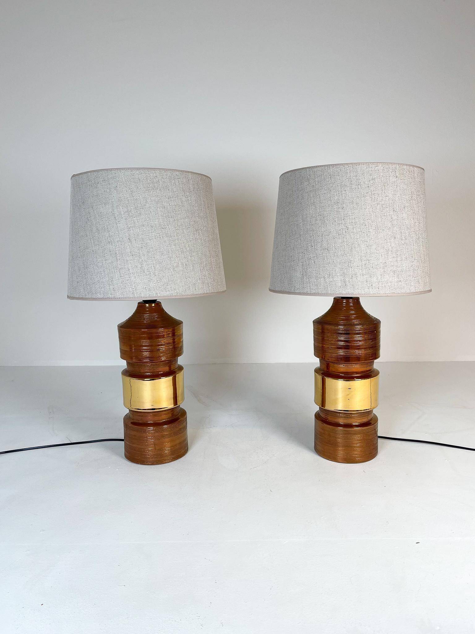 Pair of Bergboms Bitossi brass table lamps, large mid-century, 1960s, Sweden.