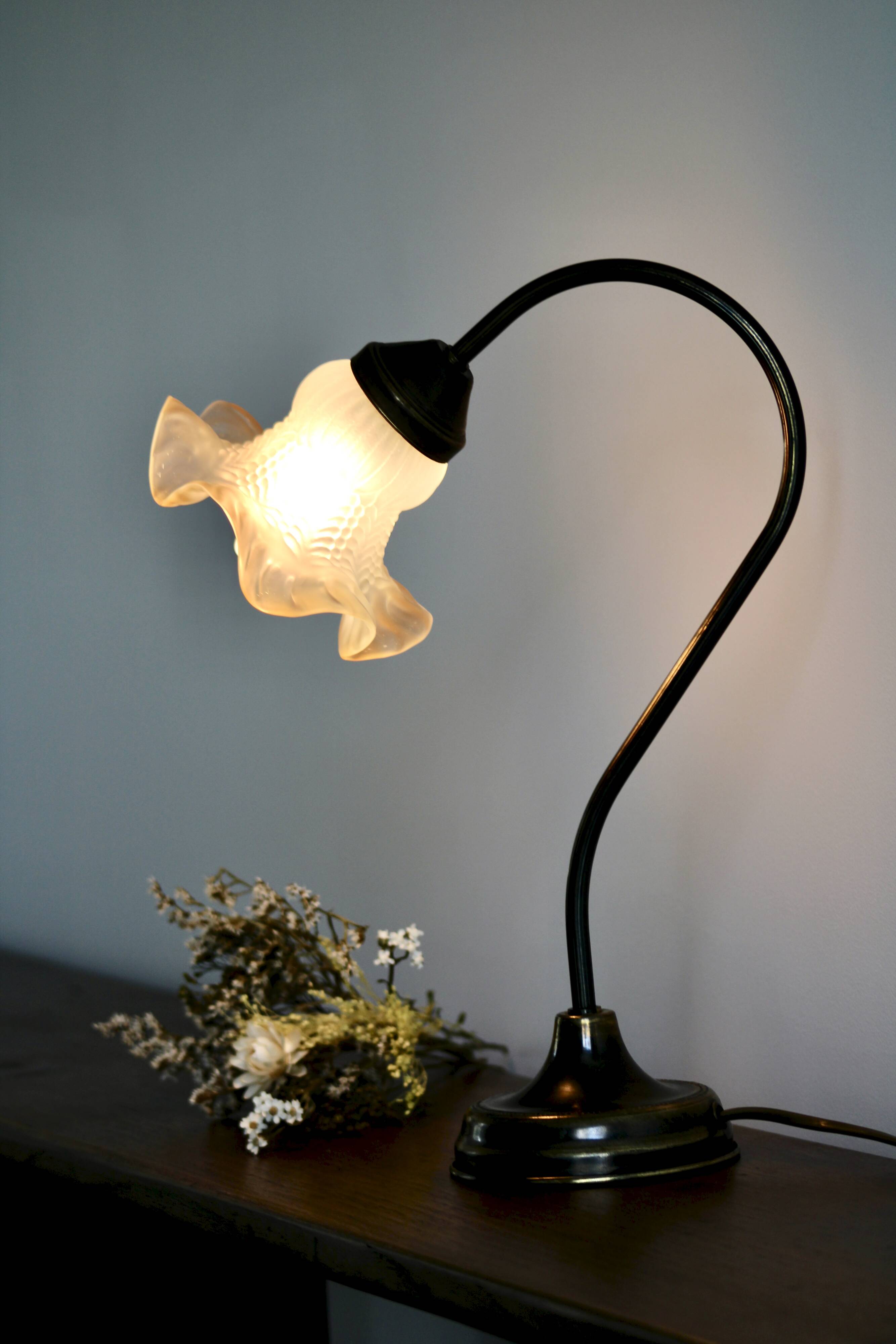 Delmas gooseneck lamp in brass with tulip globe