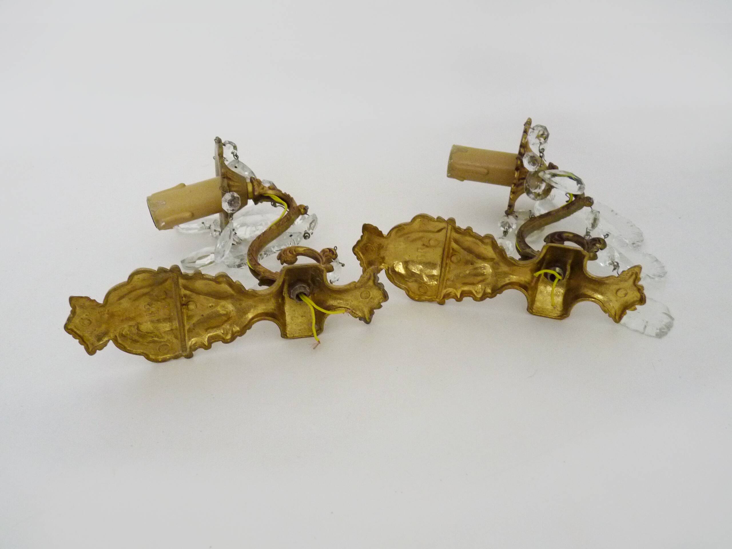 Pair of wall sconces in bronze and glass pendants from the 1970s.
