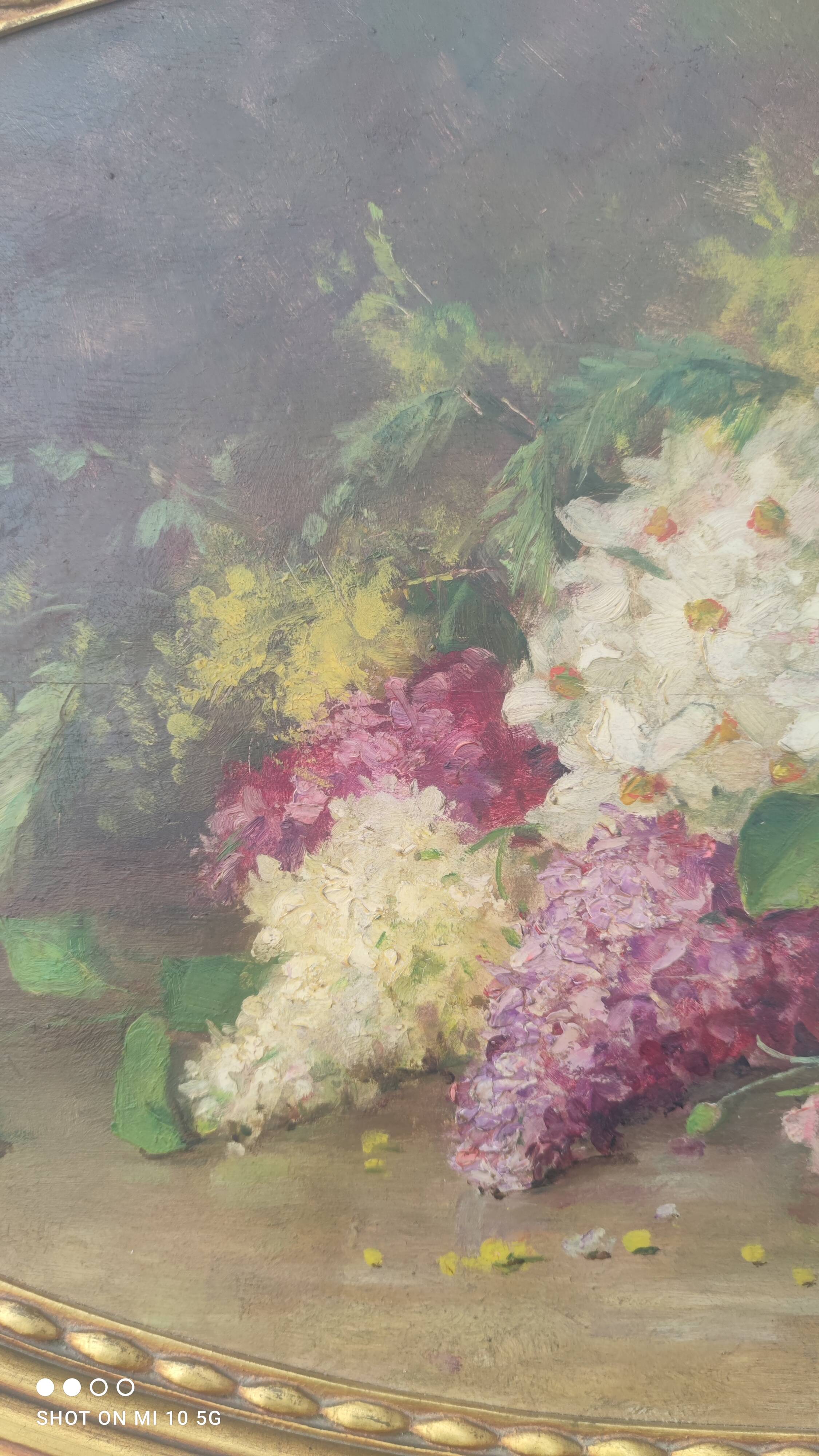 Elliptical table still life bouquet of flowers oil on wood by Lillie Honnorat