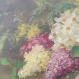 Elliptical painting still life bouquet of flowers oil on wood by Lillie Honnorat