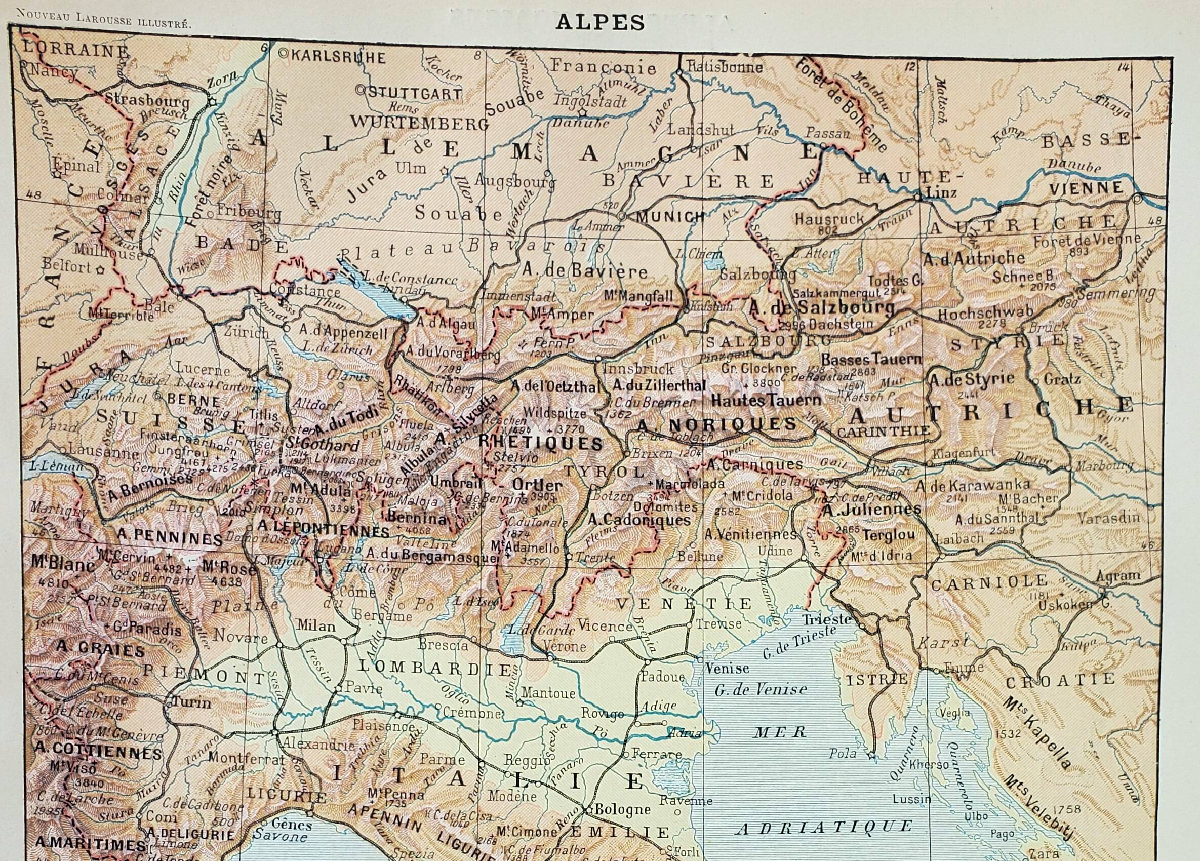 Old engraving 1898, Alps, map, mountain • Original and vintage lithograph
