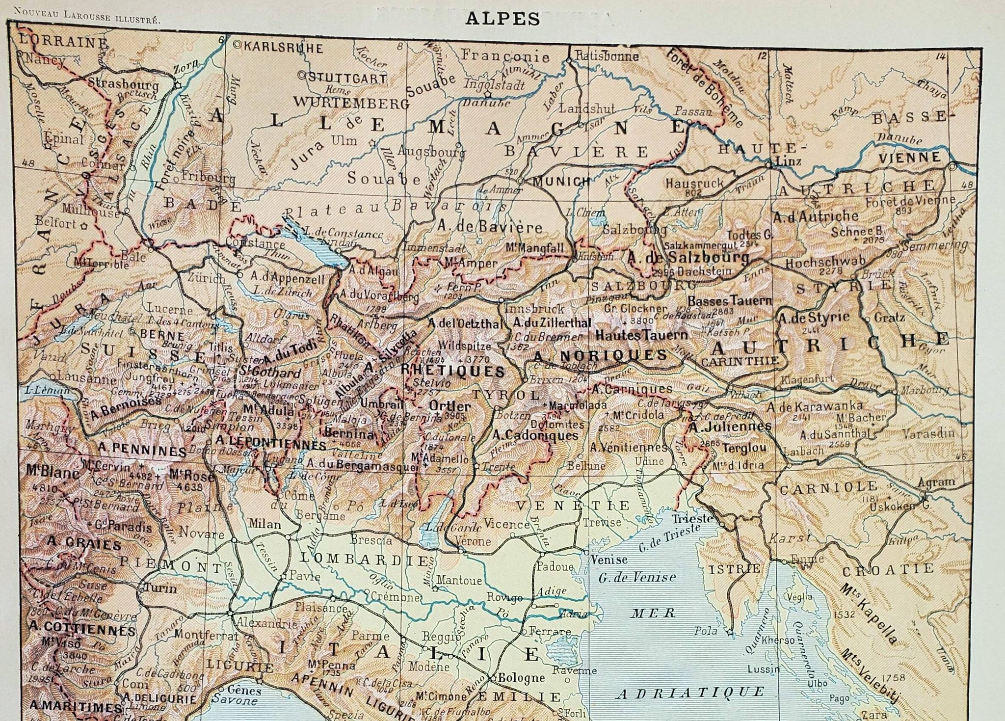 Old engraving 1898, Alps, map, mountain • Original and vintage lithograph
